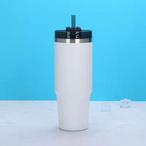Gobelet isotherme sous vide en acier inoxydable de 30 oz avec revêtement poudré, tasse de voiture avec poignée et paille, logo personnalisé imprimé - Product Image 2
