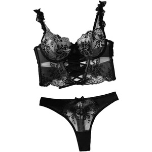 סט הלבשה תחתונה סקסי לנשים עם רקמת פרחים, רשת שקופה, חזייה תחרה ותחתונים - Product Image 5