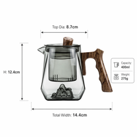 Théière en verre borosilicate gris fumé de qualité supérieure de 400 ml avec base en forme de montagne 3D et poignée en bois pour verres à thé assortis