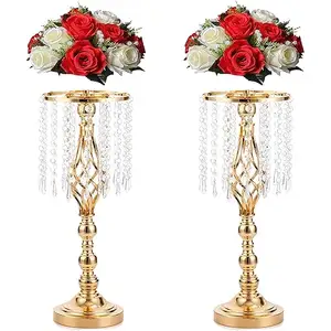 Metal demir altın kristal boncuklar çiçek standı vazolar düğün masa Centerpieces tatil ev noel dekorasyon için