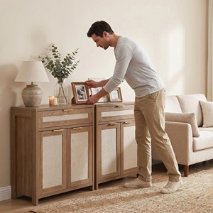 Rattan Sideboard Buffet Cabinet Farmhouse <b>Storage</b> Cabinet With Drawer And Adjustable Shelf Boho <b>Kitchen</b> Cabinet - Product Image 2