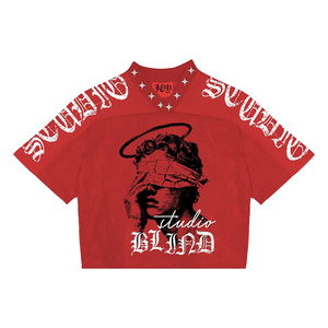 เสื้อเจอร์ซีย์อเมริกันฟุตบอลทรงโอเวอร์ไซส์ผ้าโพลีเอสเตอร์ระบายอากาศได้ดีสำหรับผู้ชายไซส์พลัส ตกแต่งด้วยเพชรแบบตาข่าย สไตล์เรโทร ยี่ห้อ Tontons Custom Fashion - Product Image 2