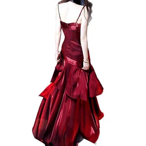 Mermaid Style Red Prom Dress Spaghetti Strap Ruffles Natural Waistline Elegant Coming Of Age Ceremony Banquet Party Attire - Product Image 5