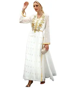Vestido musulmán Abaya de Dubái para mujer, vestido abierto de tela tejida dorada con diamantes pesados, estilo árabe, Jalabiyas, 2022
