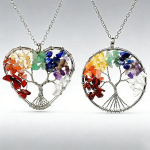 Collana Artigianale alla Moda con Ciondolo a Cuore e Albero della Vita in Pietra Naturale, Gioiello con 7 Chakra - Product Image 1