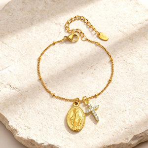 Bracelet religieux en acier inoxydable 316L et or 18 carats pour femme, avec breloques croix en zircon cubique, Vierge <span class=keywords><strong>Marie</strong></span> et Saint Benoît, bijoux Satellite - Product Image 4