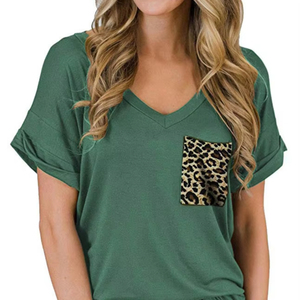 เสื้อยืดผู้หญิง คอลเลคชั่นฤดูใบไม้ผลิ-ฤดูร้อน คอวี มีกระเป๋า ผ้าโพลีเอสเตอร์ทอ ไม่เป็นขุย เป็นมิตรกับสิ่งแวดล้อม แขนสั้น ทรงหลวม - Product Image 4