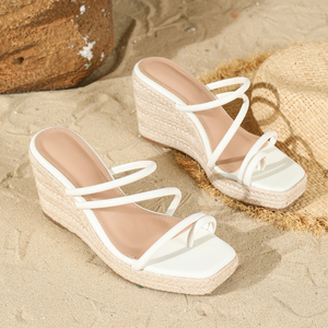 2024 nuove scarpe da donna bianche estive con <span class=keywords><strong>zeppa</strong></span> con suola di canapa sandali con plateau comode da donna pantofola - Product Image 5
