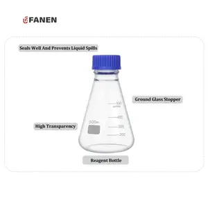 Fanen 500ml Triangular Blue Cap Glass Culture Media Storage Bottle Conical Graduated Screw Cap Lab Reagent Bottle