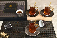 Tasse à thé en verre doré arabe avec ensemble de verres à thé Tockava, boîte cadeau en soie fabriquée en Chine