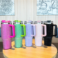 Thermos de voiture 40oz haut de gamme, incrusté de diamants, avec poignée, grande capacité, résistant à la glace, en acier inoxydable, isolé sous vide, avec paille