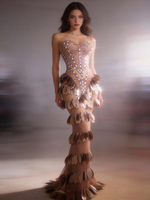Robe longue élégante sans bretelles à volants ornée de diamants pour femme, idéale pour anniversaire, invitée de mariage, soirée, robe de bal, tenue de banquet ou de fête