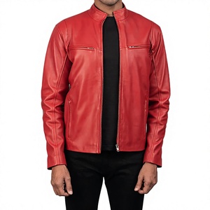 Blouson de motard en cuir rouge personnalisé double face pour homme, style universitaire classique, col montant, logo frontal lavé, respirant et imperméable - Product Image 1
