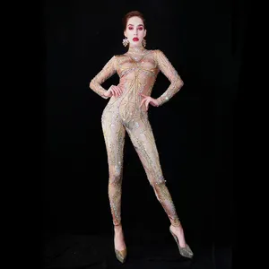 Sexy Kristal Emas Rhinestones Klub Pesta Bodycon Spandex Bodysuit Romper Menunjukkan Tari Triko Plus Ukuran Wanita Satu Potong Jumpsuit