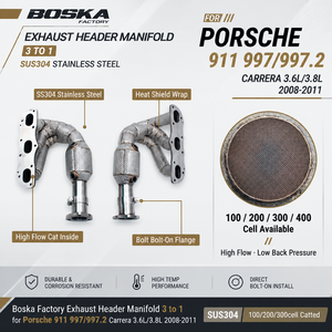 ท่อร่วมไอเสียแบบ3ต่อ1สำหรับ Porsche 911 997/997.2 Carrera 3.6L/3.8L 2008-2011 SUS304 100/200/300เซลล์ catted - Product Image 1