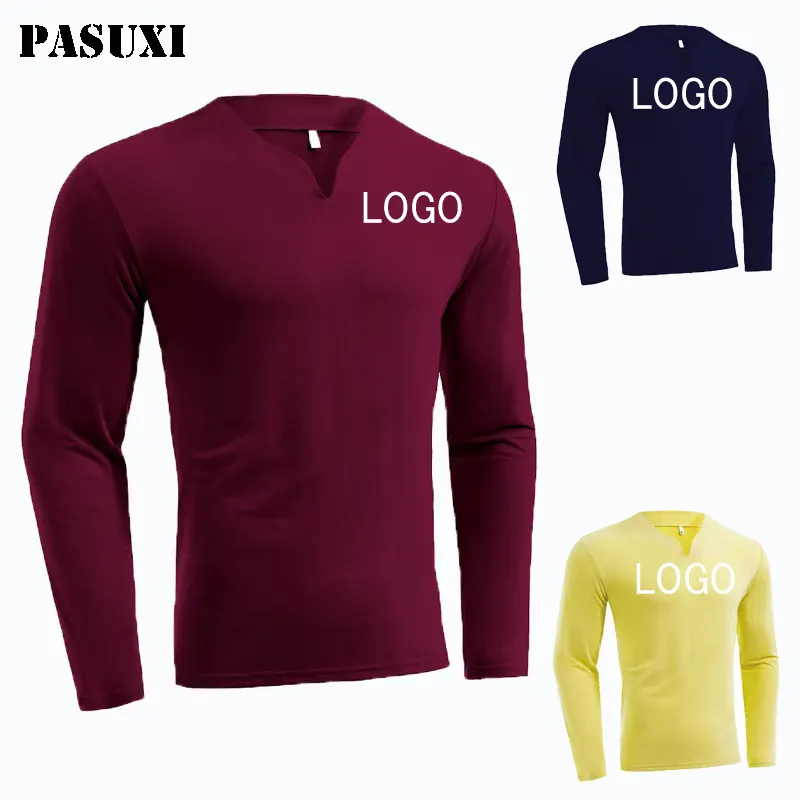 PASUXI moda sport t-shirt uomo 2024 primavera e autunno nuovo Versatile solido elastico manica lunga scollo a V ampio pullover da uomo