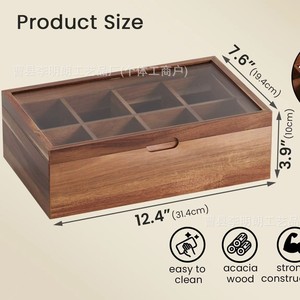 Wooden Storage <b>Box</b> With Compartments And Lid For Tea Bags Jewelry Home Use Dustproof Rectangular Design - Product Image 3