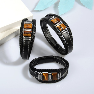 Tiger Eye Men's Leather Bracelet Black Multi Layer <b>Magnetic</b> <b>Clasp</b> Stainless Steel Buckle Gift Jewelry 7.5 8.5 9 Inches - Product Image 1