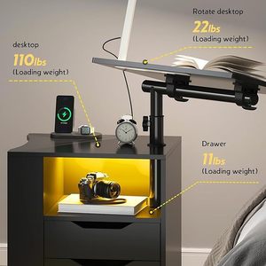 Bedroom bedside <b>table</b> with height <b>adjustment</b> and 360 rotation, including drawer storage, LED lights, and power outlet. - Product Image 1