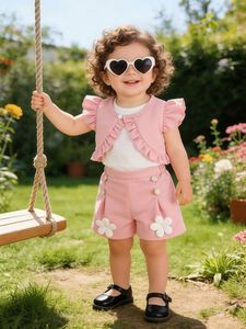 Ensemble d'été mignon et tendance pour <span class=keywords><strong>fille</strong></span> de 0 à 3 <span class=keywords><strong>ans</strong></span> : Manteau court sans manches à volants couleur unie + <span class=keywords><strong>Gilet</strong></span> + Short fleuri, Taille 3T personnalisée - Product Image 2