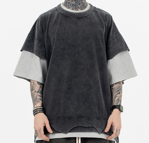 2025 nuova primavera ed estate per realizzare vecchie t-shirt <span class=keywords><strong>a</strong></span> maniche corte Color doppio strato Retro con Splicing pesante - Product Image 2