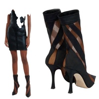 Bottes en maille pour femmes, mode personnalisée, bout pointu, talon haut, bottes élastiques, design transparent, grandes tailles, bottes à la cheville pour femmes