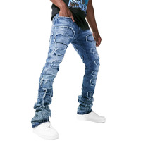 YIJIA Jean Manufacturer - Jeans skinny pour homme, style streetwear, effet empilé, patchwork, déchiré, coutures effilochées