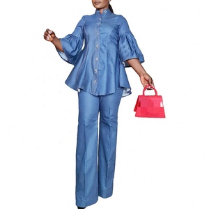 Trendy Design 2 Piece <strong>Denim</strong> Sets <strong>for</strong> <strong>Women</strong> High Collar Flare Sleeve <strong>Denim</strong> Top and Straight Leg Jeans Set <strong>for</strong> <strong>Women</strong> - Product Image 3