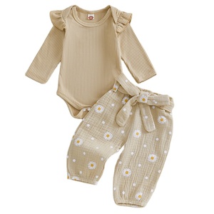 Mùa thu trẻ sơ sinh rắn Gân Dài Tay Áo Romper Daisy quần Headband 3pcs trang phục bé gái quần áo <span class=keywords><strong>Set</strong></span> - Product Image 1
