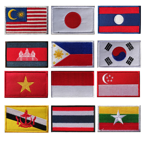 Asian Flag Embroidery Patch Morale Backpack Badge Hook Loop Backing for Hat for South Korea Laos Philippines Canvas Cloth