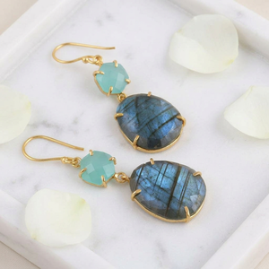 Natural Labradorite Chalcedony Drop <b>Earrings</b> Brass 18k Gold Plated Hexagon & Egg Shape Gemstone <b>Earring</b> Women Fashion Jewelry - Product Image 6