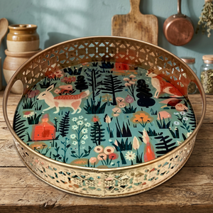 Plateau de service en métal doré avec motif floral forestier et poignées pour usage résidentiel - Product Image 5