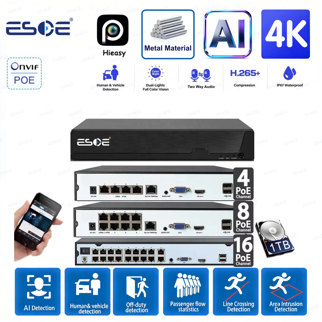 2026 New AI Nvr Camera System 16ch POE IP Camera Video Recorder Security Suite with Night Vision Two Way Audio Nvr Camera System