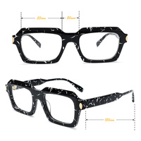 Gafas Rectangulares de Alta Calidad, Estilo Vintage Retro, Color Negro Mármol con Decoración Metálica, Monturas de Acetato Unisex