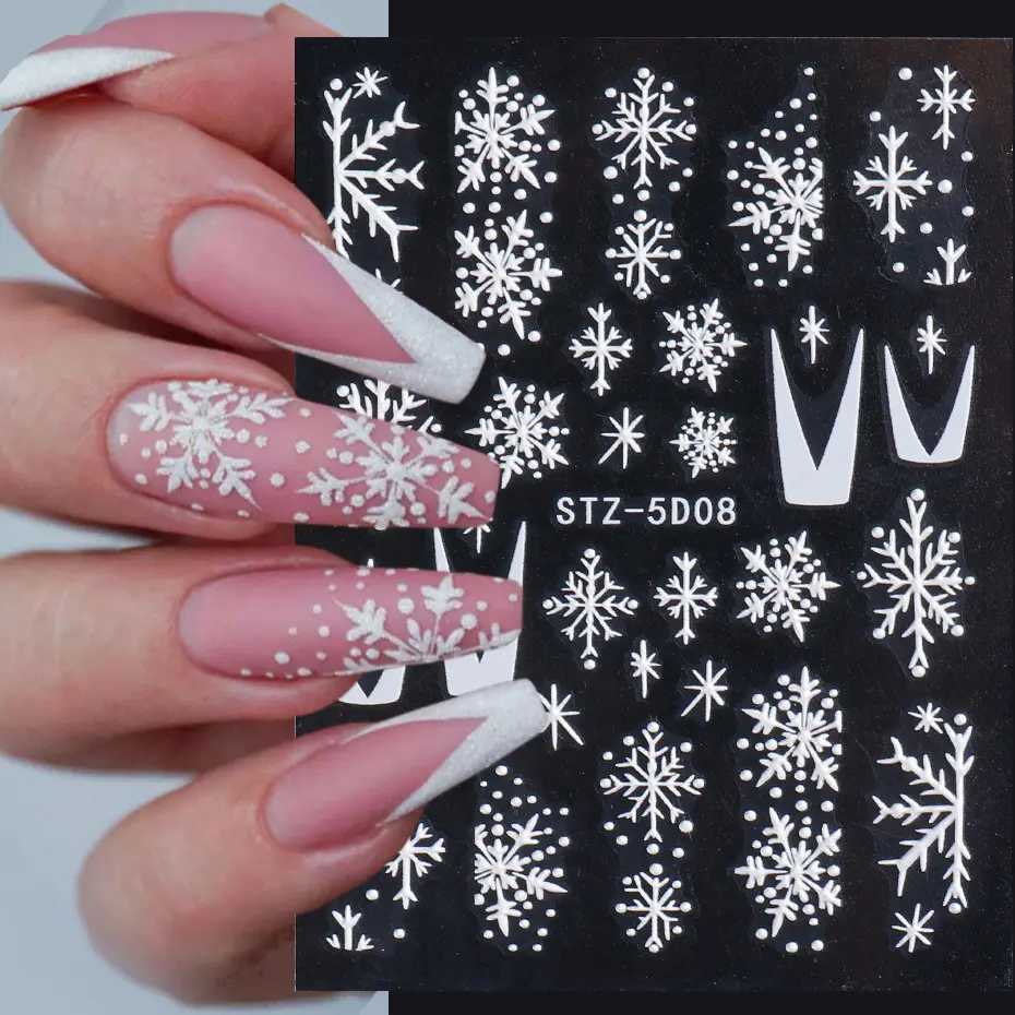 High Quality New Wholesale Price 5D White Snowflake Design Nail Decals Adhesive Nail Decals