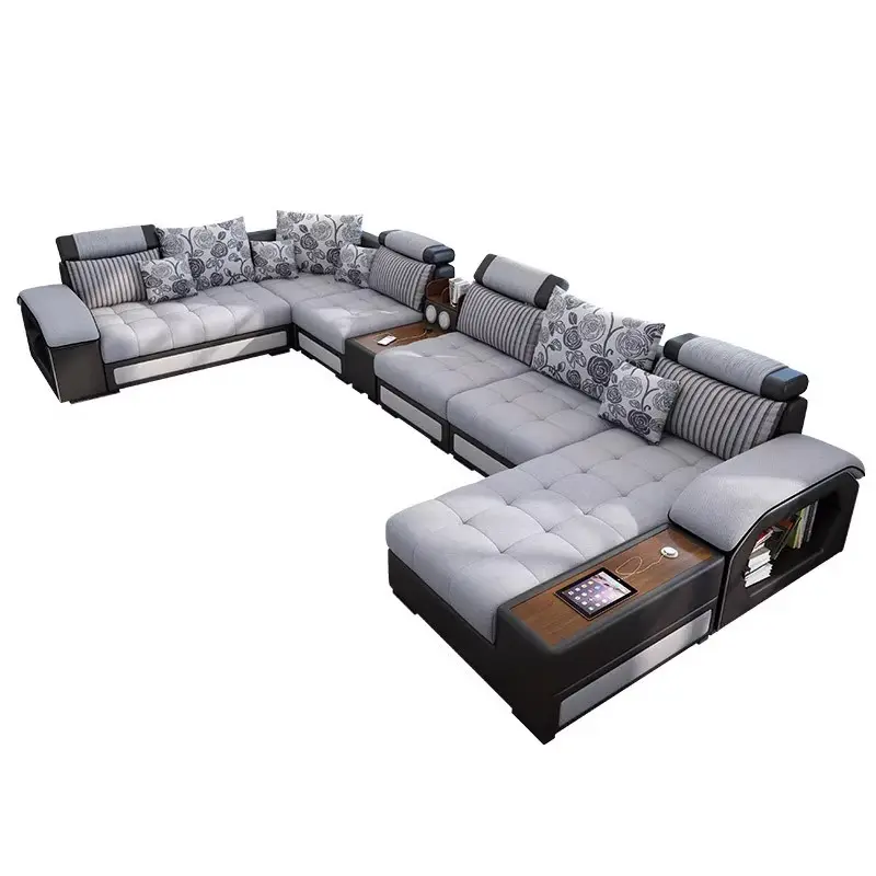 Modern Design Functional Fabric Wood Cushion Beige I Shape Lounge 7 Seater Sectional Sofa Set Furniture Couch Living Room Sofas