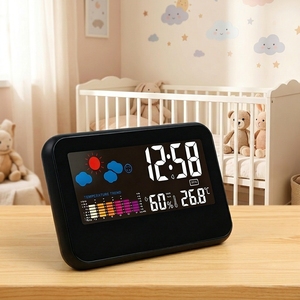Station météo numérique de bureau, horloge d'alarme LCD en plastique, calendrier, température intérieure, humidité, commande vocale, rétroéclairage, chambre de bébé - Product Image 1