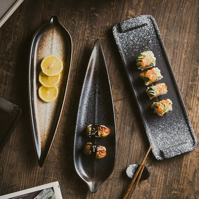 Plato de Pescado Creativo de Cerámica PARA EL Hogar, Plato de Sushi con Forma de Hoja de Esmalte Azul y Verde para Restaurante