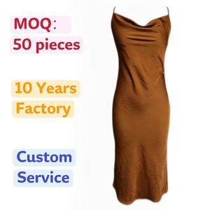 <span class=keywords><strong>Vestido</strong></span> de Fiesta Personalizado OEM/ODM para Mujer, Color Marrón Satinado, Cuello Tipo Capucha, Tirantes Finos, Cintura Natural, Transpirable, Estilo Midi - Product Image 1