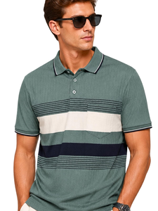 เสื้อโปโลผู้ชายสีเขียวถักลายริบแขนสั้นมีกระเป๋าเสื้อลำลอง - Product Image 2