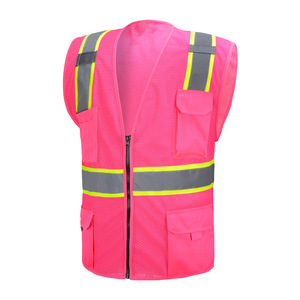 Gilet de course en maille rose haute visibilité pour <span class=keywords><strong>femme</strong></span> Vêtements de travail de construction multi-poches Vêtements de sécurité en polyester réfléchissants pour une utilisation optimale - Product Image 1