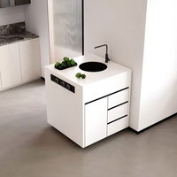 Mueble de Cocina Moderno de Madera Maciza con Encimera de Piedra Sinterizada, Mesa de Comedor Independiente Integrada con Fregadero y Fuente de Alimentación