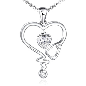 Collana con Ciondolo a Cuore Placcato in Oro Bianco con Zirconia Cubica, Gioiello Romantico da Donna per Uso Quotidiano, Catena a Maglia Fine, Collane alla Moda - Product Image 1