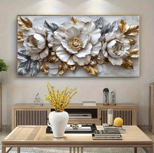 Dipinto Murale Astratto di Grandi Dimensioni con Fiori Bianchi, Quadro Orizzontale in <span class=keywords><strong>Vetro</strong></span> <span class=keywords><strong>Temperato</strong></span> e Porcellana Cristallina Decorativa - Product Image 1