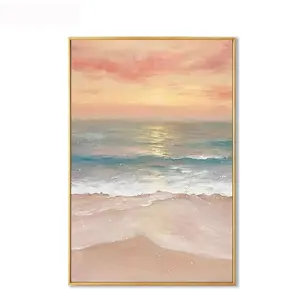 Hot Handmade Sunrise Sea Wave Landscape Oil Painting On Canvas Modern Abstract Pink Sky Seascape Wall Painting for Decor Art