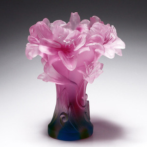 Pink Multicolor Lily Relief Pate De Verre Vase Handcrafted Art Glass Flower Vase For Home Decor And Floral Arrangements - Product Image 1