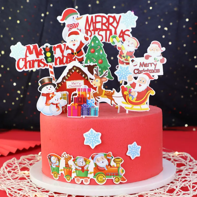 Рождественское украшение для выпечки торта, красное и зеленое украшение для торта со шлейфом, оленем, украшение для вечернего десертного стола