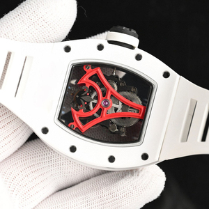 Men's white ceramic tonneau-shaped automatic mechanical <b>watch</b> with <b>rubber</b> strap, hands, and dial. - Product Image 5