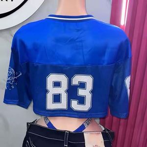 เสื้อสตรีทแวร์โลโก้แบบกำหนดเอง ทรงบ็อกซี่ ผ้าตาข่าย ตัดสั้น หมายเลขอเมริกันฟุตบอล เสื้อเชียร์ฮอกกี้ ประดับด้วยคริสตัล - Product Image 4