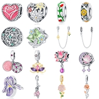 Bracelet tendance en forme de fleur, perle en argent sterling 925, pendentif lotus rose, collier en zircon coloré, charme, accessoires de bijoux DIY